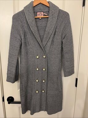 Juicy Couture Gray Long Shawl Collar Cardigan with Gold Buttons
